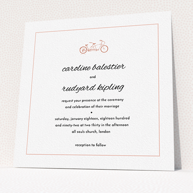 A personalised wedding invite design named "Tandem sheet". It is a square (148mm x 148mm) invite in a square orientation. "Tandem sheet" is available as a flat invite, with tones of white and pink.