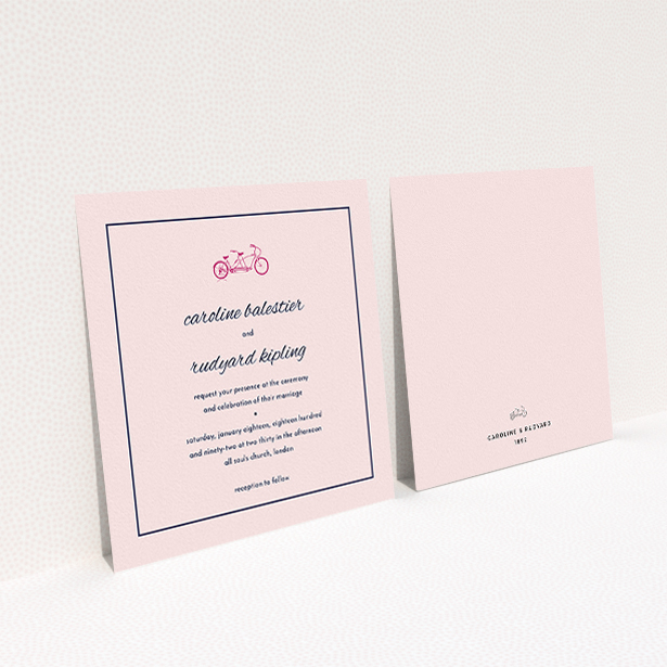 A personalised wedding invite design called "Tandem sheet". It is a square (148mm x 148mm) invite in a square orientation. "Tandem sheet" is available as a flat invite, with mainly pink colouring.