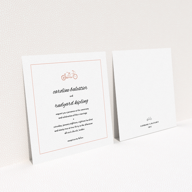 A personalised wedding invite design named "Tandem sheet". It is a square (148mm x 148mm) invite in a square orientation. "Tandem sheet" is available as a flat invite, with tones of white and pink.