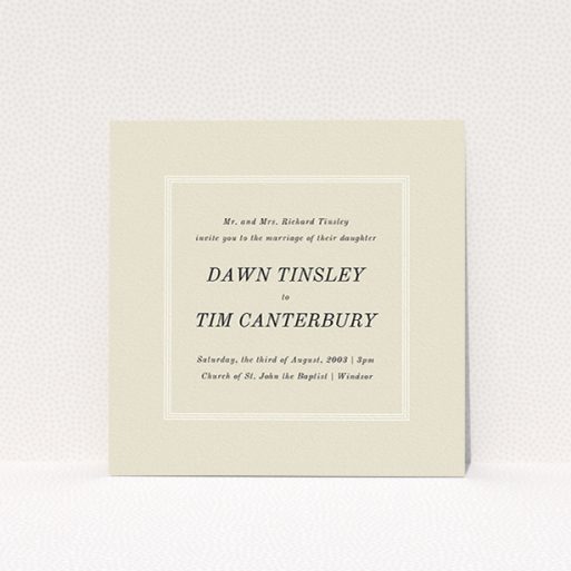 A personalised wedding invite template titled "Three line border". It is a square (148mm x 148mm) invite in a square orientation. "Three line border" is available as a flat invite, with mainly dark cream colouring.