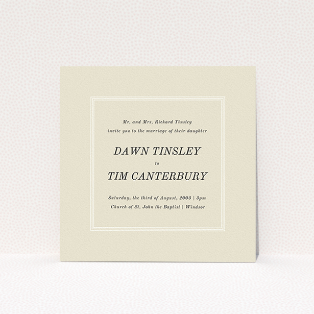 A personalised wedding invite template titled "Three line border". It is a square (148mm x 148mm) invite in a square orientation. "Three line border" is available as a flat invite, with mainly dark cream colouring.