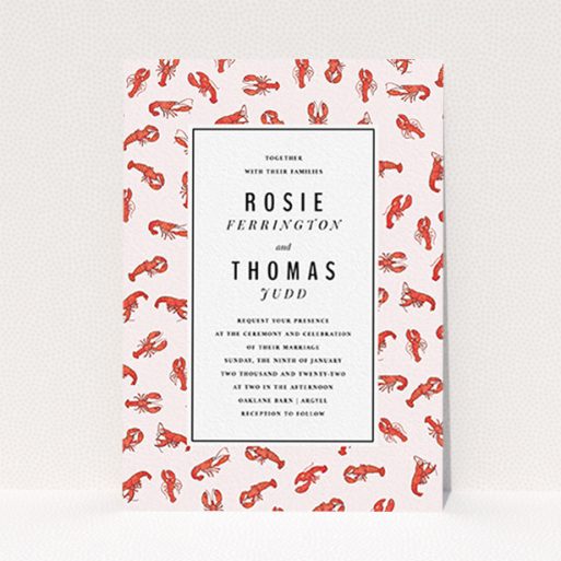 A personalised wedding invite design called "Tiny, Tiny Lobsters". It is an A6 invite in a portrait orientation. "Tiny, Tiny Lobsters" is available as a flat invite, with tones of red and pink.