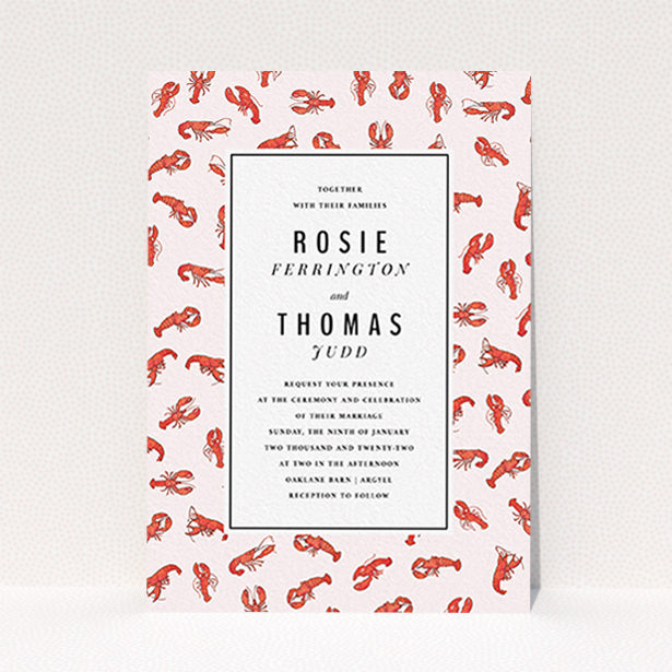 A personalised wedding invite design called "Tiny, Tiny Lobsters". It is an A6 invite in a portrait orientation. "Tiny, Tiny Lobsters" is available as a flat invite, with tones of red and pink.