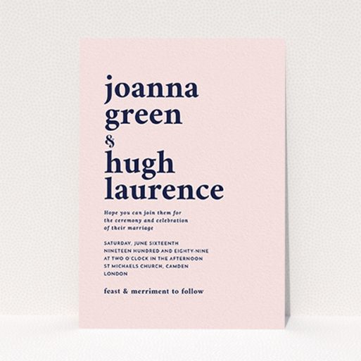 A personalised wedding invite called "To the left". It is an A6 invite in a portrait orientation. "To the left" is available as a flat invite, with mainly pink colouring.