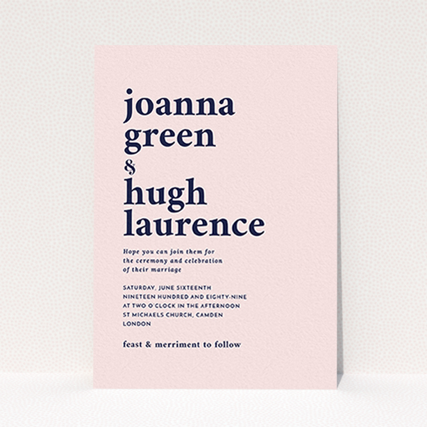A personalised wedding invite called "To the left". It is an A6 invite in a portrait orientation. "To the left" is available as a flat invite, with mainly pink colouring.