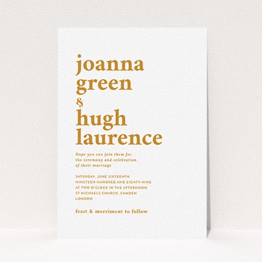A personalised wedding invite design called "To the left". It is an A6 invite in a portrait orientation. "To the left" is available as a flat invite, with tones of white and orange.