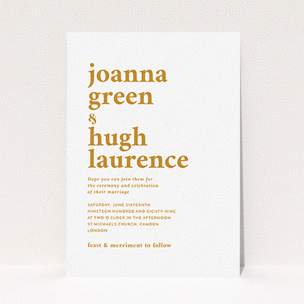 A personalised wedding invite design called "To the left". It is an A6 invite in a portrait orientation. "To the left" is available as a flat invite, with tones of white and orange.