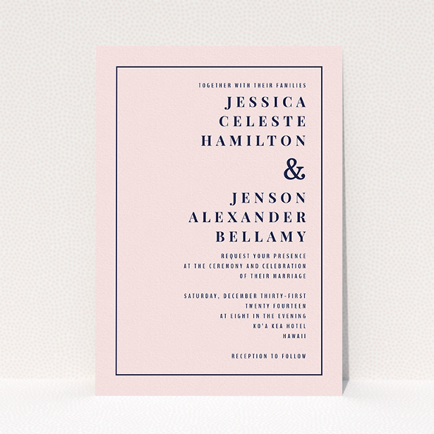 A personalised wedding invite design named "To the right". It is an A5 invite in a portrait orientation. "To the right" is available as a flat invite, with mainly pink colouring.