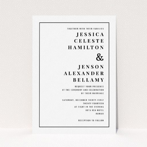 A personalised wedding invite called "To the right". It is an A5 invite in a portrait orientation. "To the right" is available as a flat invite, with mainly white colouring.