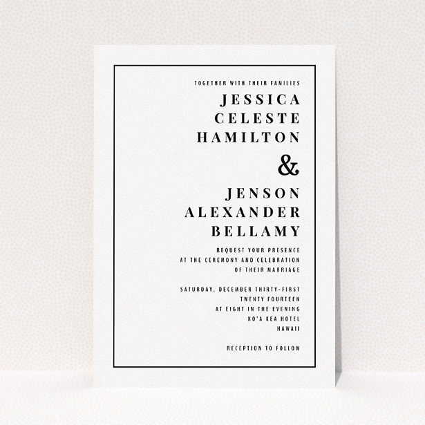 A personalised wedding invite called "To the right". It is an A5 invite in a portrait orientation. "To the right" is available as a flat invite, with mainly white colouring.