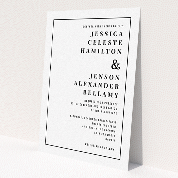 A personalised wedding invite called 'To the right'. It is an A5 invite in a portrait orientation. 'To the right' is available as a flat invite, with mainly white colouring.