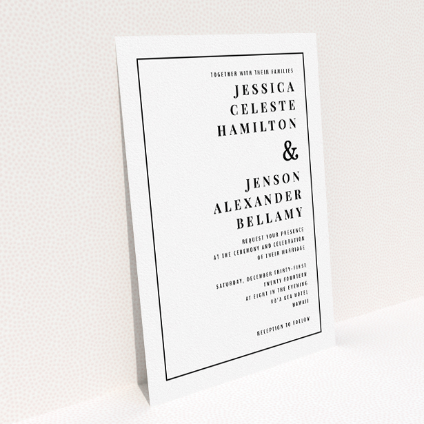 A personalised wedding invite called "To the right". It is an A5 invite in a portrait orientation. "To the right" is available as a flat invite, with mainly white colouring.
