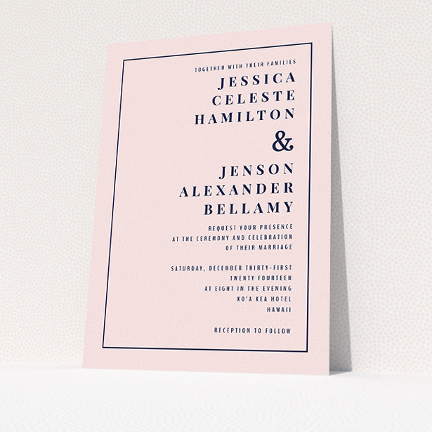 A personalised wedding invite design named "To the right". It is an A5 invite in a portrait orientation. "To the right" is available as a flat invite, with mainly pink colouring.