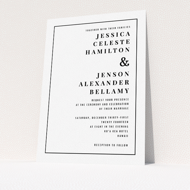 A personalised wedding invite called "To the right". It is an A5 invite in a portrait orientation. "To the right" is available as a flat invite, with mainly white colouring.