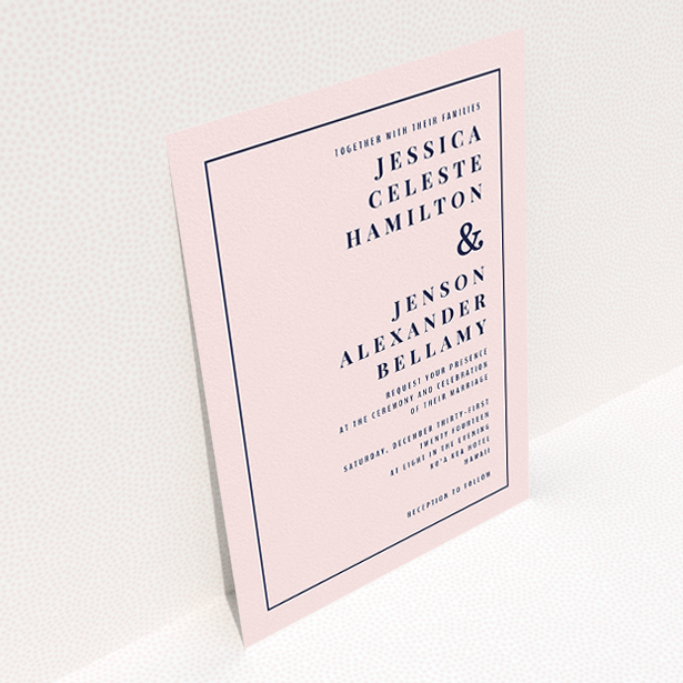 A personalised wedding invite design named "To the right". It is an A5 invite in a portrait orientation. "To the right" is available as a flat invite, with mainly pink colouring.