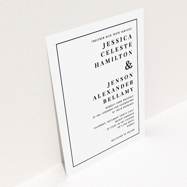 A personalised wedding invite called "To the right". It is an A5 invite in a portrait orientation. "To the right" is available as a flat invite, with mainly white colouring.
