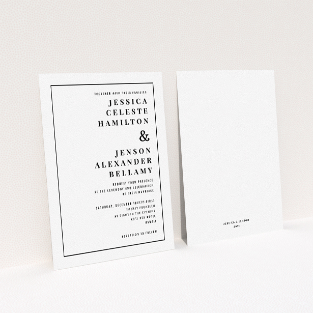 A personalised wedding invite called "To the right". It is an A5 invite in a portrait orientation. "To the right" is available as a flat invite, with mainly white colouring.