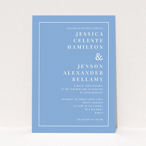 A personalised wedding invite called "To the right". It is an A6 invite in a portrait orientation. "To the right" is available as a flat invite, with tones of blue and white.