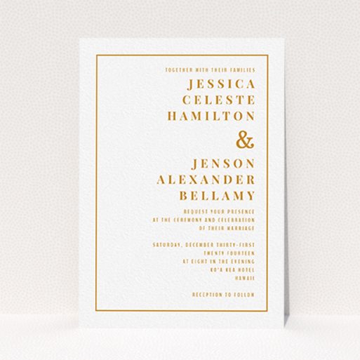 A personalised wedding invite design titled "To the right". It is an A6 invite in a portrait orientation. "To the right" is available as a flat invite, with tones of white and orange.