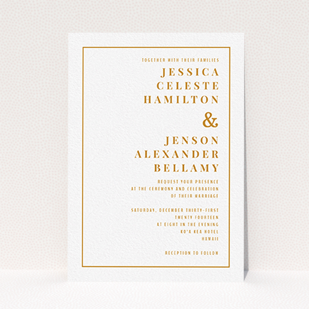 A personalised wedding invite design titled "To the right". It is an A6 invite in a portrait orientation. "To the right" is available as a flat invite, with tones of white and orange.