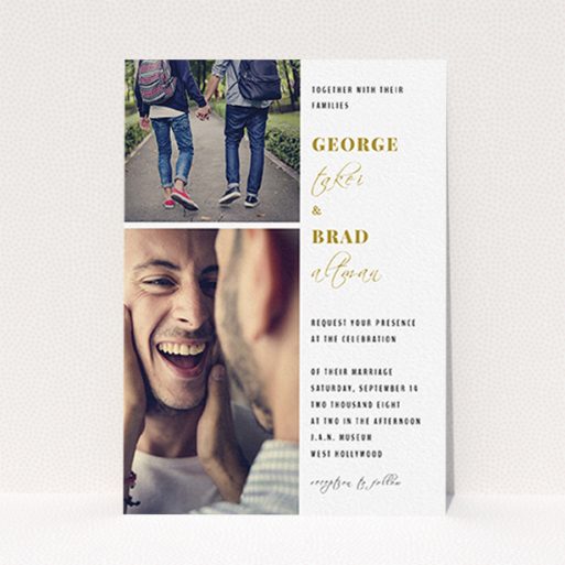 A personalised wedding invite design called "Together again". It is an A6 invite in a portrait orientation. It is a photographic personalised wedding invite with room for 2 photos. "Together again" is available as a flat invite, with tones of white and gold.
