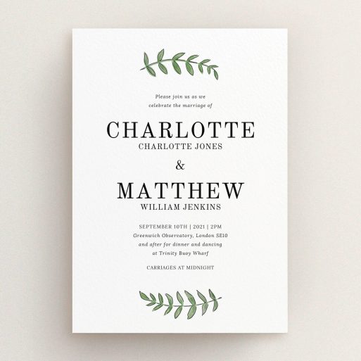 A personalised wedding invite template titled "Top and Bottom". It is an A5 invite in a portrait orientation. "Top and Bottom" is available as a flat invite, with tones of white and green.