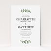 A personalised wedding invite template titled "Top and Bottom". It is an A5 invite in a portrait orientation. "Top and Bottom" is available as a flat invite, with tones of white and green.