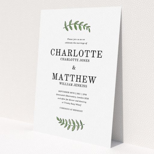 A personalised wedding invite template titled 'Top and Bottom'. It is an A5 invite in a portrait orientation. 'Top and Bottom' is available as a flat invite, with tones of white and green.