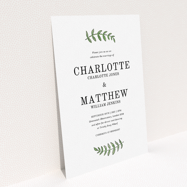 A personalised wedding invite template titled "Top and Bottom". It is an A5 invite in a portrait orientation. "Top and Bottom" is available as a flat invite, with tones of white and green.