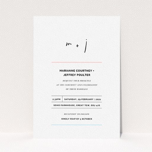 A personalised wedding invite design named "Top and Bottom". It is an A6 invite in a portrait orientation. "Top and Bottom" is available as a flat invite, with tones of blue and pink.