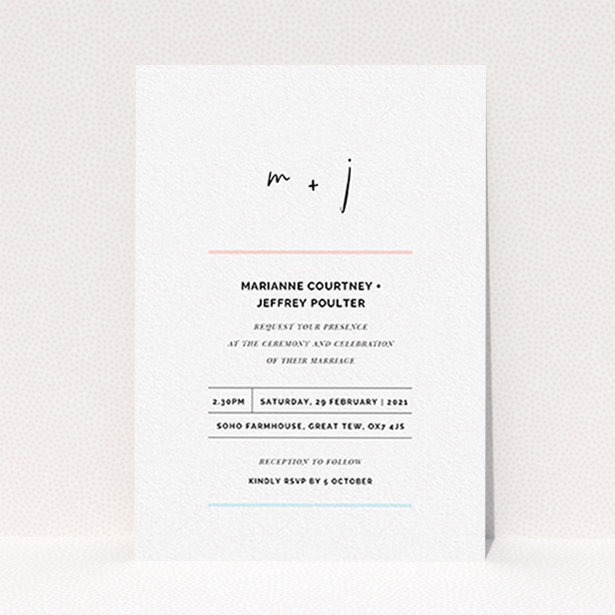 A personalised wedding invite design named "Top and Bottom". It is an A6 invite in a portrait orientation. "Top and Bottom" is available as a flat invite, with tones of blue and pink.