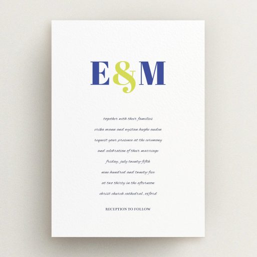 A personalised wedding invite design titled "Top line". It is an A5 invite in a portrait orientation. "Top line" is available as a flat invite, with tones of white and blue.
