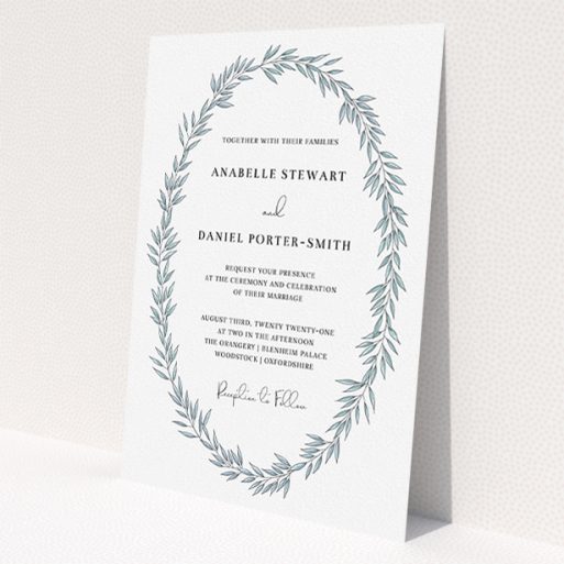 A personalised wedding invite named 'Tussled Wreath'. It is an A5 invite in a portrait orientation. 'Tussled Wreath' is available as a flat invite, with tones of blue and white.