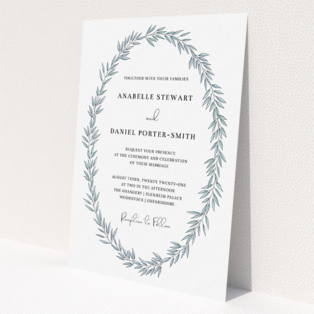 A personalised wedding invite named "Tussled Wreath". It is an A5 invite in a portrait orientation. "Tussled Wreath" is available as a flat invite, with tones of blue and white.