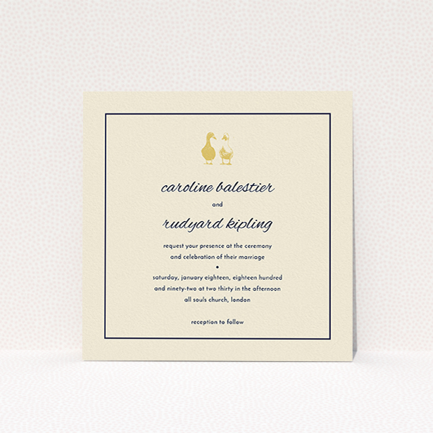 A personalised wedding invite named "Two little ducks". It is a square (148mm x 148mm) invite in a square orientation. "Two little ducks" is available as a flat invite, with tones of cream and gold.