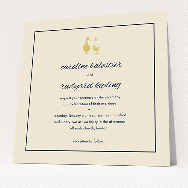 A personalised wedding invite named "Two little ducks". It is a square (148mm x 148mm) invite in a square orientation. "Two little ducks" is available as a flat invite, with tones of cream and gold.