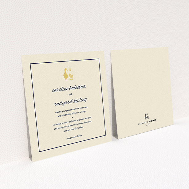 A personalised wedding invite named "Two little ducks". It is a square (148mm x 148mm) invite in a square orientation. "Two little ducks" is available as a flat invite, with tones of cream and gold.