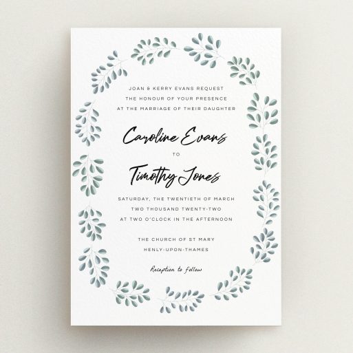A personalised wedding invite called "Two-toned Leaves". It is an A5 invite in a portrait orientation. "Two-toned Leaves" is available as a flat invite, with tones of blue and white.