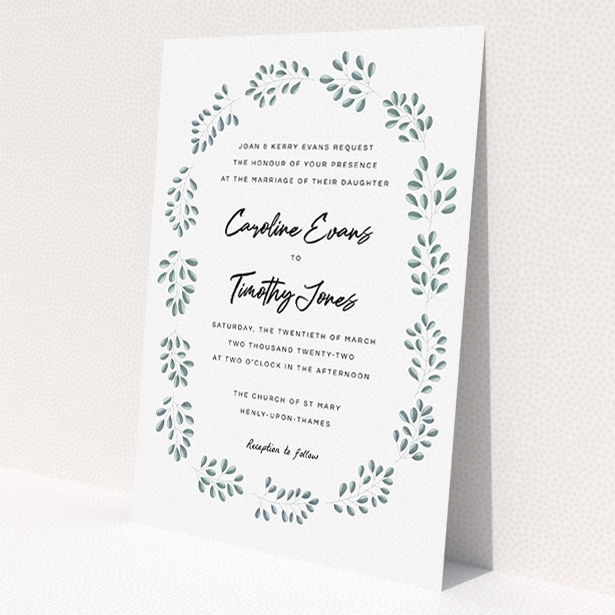 A personalised wedding invite called 'Two-toned Leaves'. It is an A5 invite in a portrait orientation. 'Two-toned Leaves' is available as a flat invite, with tones of blue and white.