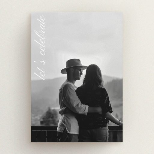 A personalised wedding invite design named "Up the side". It is an A5 invite in a portrait orientation. It is a photographic personalised wedding invite with room for 1 photo. "Up the side" is available as a flat invite, with mainly white colouring.