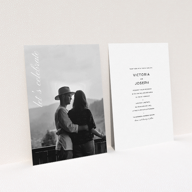A personalised wedding invite design named "Up the side". It is an A5 invite in a portrait orientation. It is a photographic personalised wedding invite with room for 1 photo. "Up the side" is available as a flat invite, with mainly white colouring.