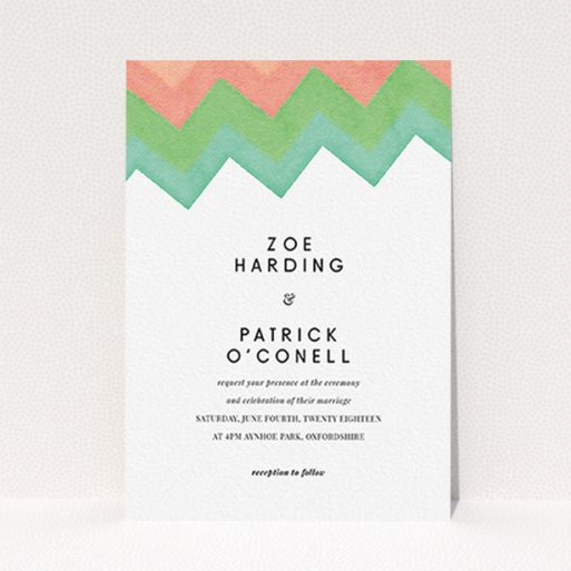A personalised wedding invite named "Vibrant Peaks". It is an A6 invite in a portrait orientation. "Vibrant Peaks" is available as a flat invite, with tones of white, orange and green.