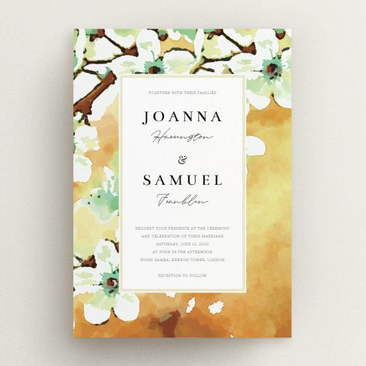A personalised wedding invite design titled "Vintage Blossom". It is an A5 invite in a portrait orientation. "Vintage Blossom" is available as a flat invite, with tones of deep orange, mint green and white.