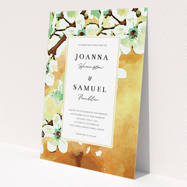 A personalised wedding invite design titled "Vintage Blossom". It is an A5 invite in a portrait orientation. "Vintage Blossom" is available as a flat invite, with tones of deep orange, mint green and white.