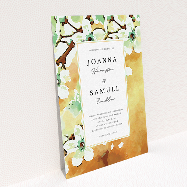 A personalised wedding invite design titled "Vintage Blossom". It is an A5 invite in a portrait orientation. "Vintage Blossom" is available as a flat invite, with tones of deep orange, mint green and white.