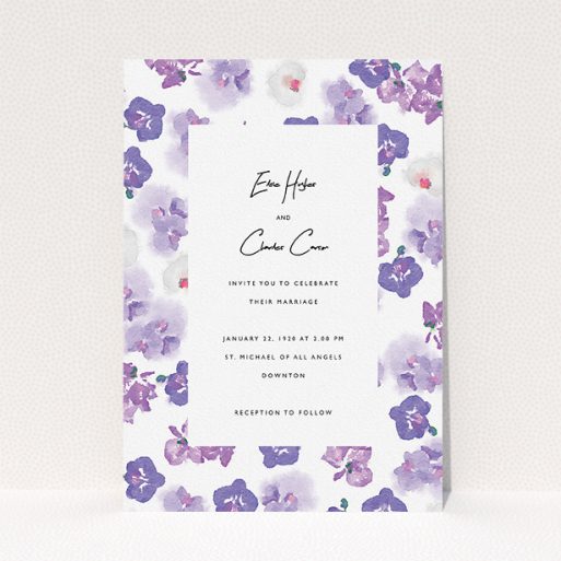 A personalised wedding invite template titled "Violet Explosion". It is an A5 invite in a portrait orientation. "Violet Explosion" is available as a flat invite, with tones of white, purple and violet.