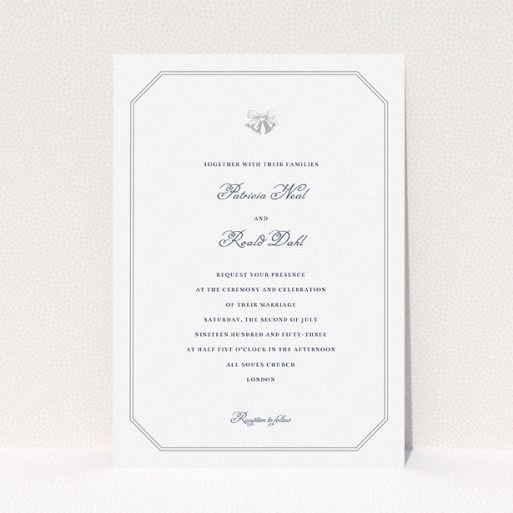 A personalised wedding invite design titled "Wedding bells". It is an A5 invite in a portrait orientation. "Wedding bells" is available as a flat invite, with tones of grey and white.