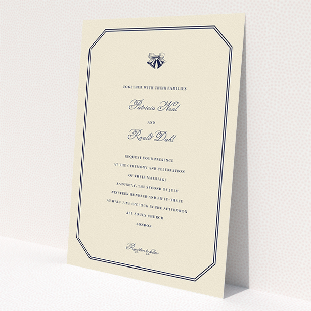 A personalised wedding invite called "Wedding bells". It is an A5 invite in a portrait orientation. "Wedding bells" is available as a flat invite, with tones of cream and navy blue.