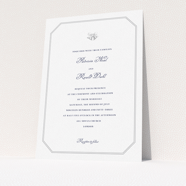 A personalised wedding invite design titled "Wedding bells". It is an A5 invite in a portrait orientation. "Wedding bells" is available as a flat invite, with tones of grey and white.