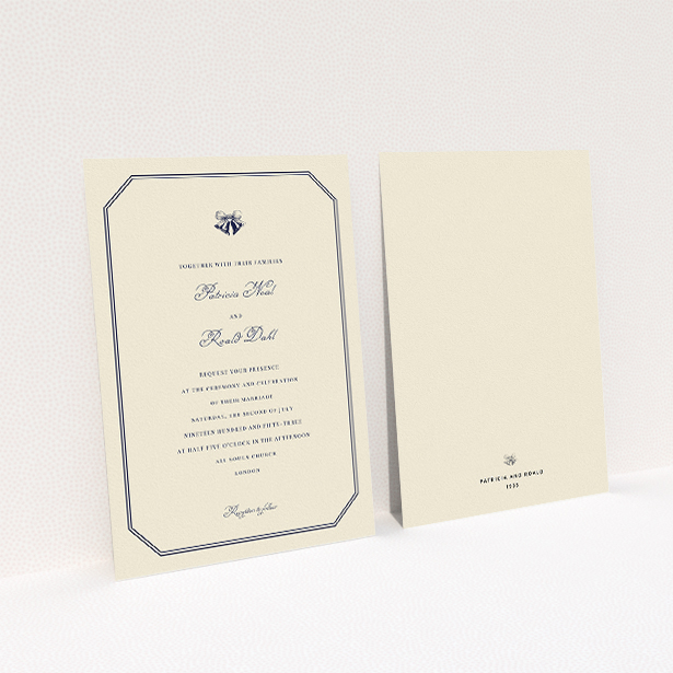 A personalised wedding invite called "Wedding bells". It is an A5 invite in a portrait orientation. "Wedding bells" is available as a flat invite, with tones of cream and navy blue.